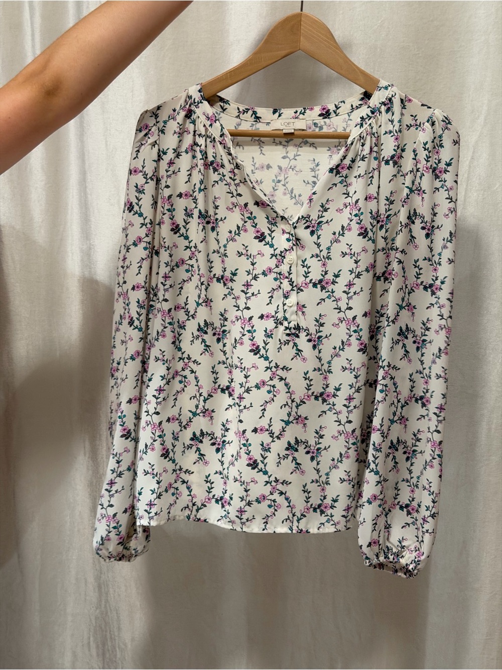 LOFT Cream Floral V-Neck Long Sleeve Blouse with Pink and Green Print